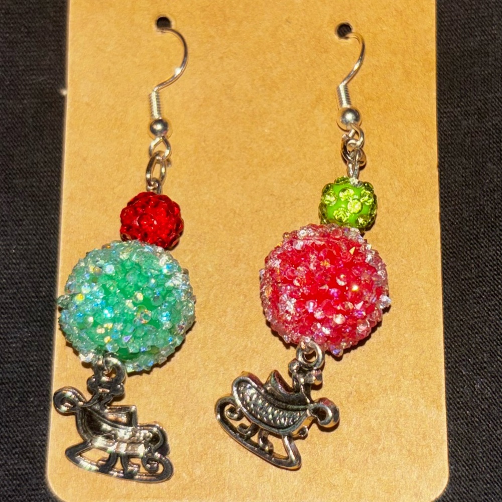 Colorful Beaded Dangle Christmas Earrings with a sleigh charm